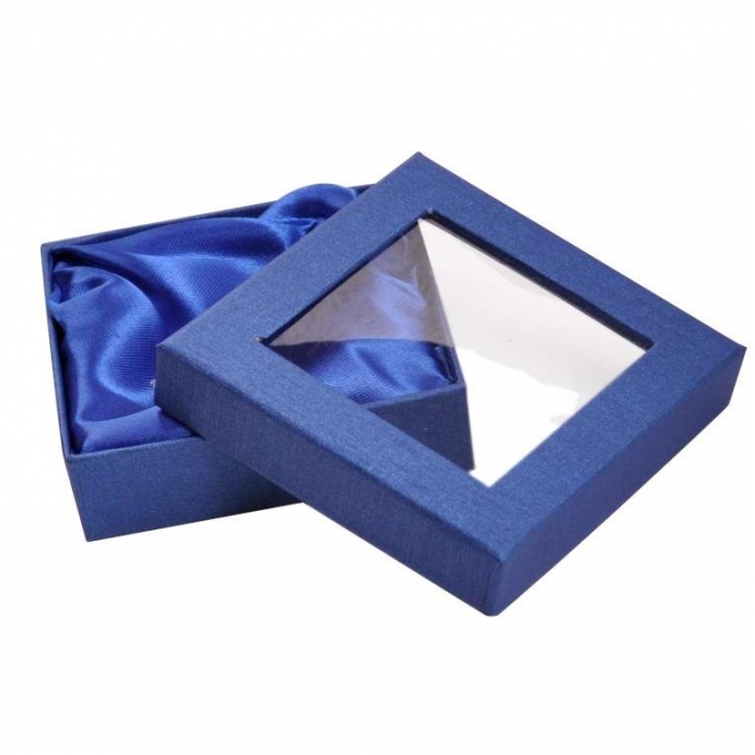 Mėlyna dovanų dėžutė medaliui su permatomu dangteliu