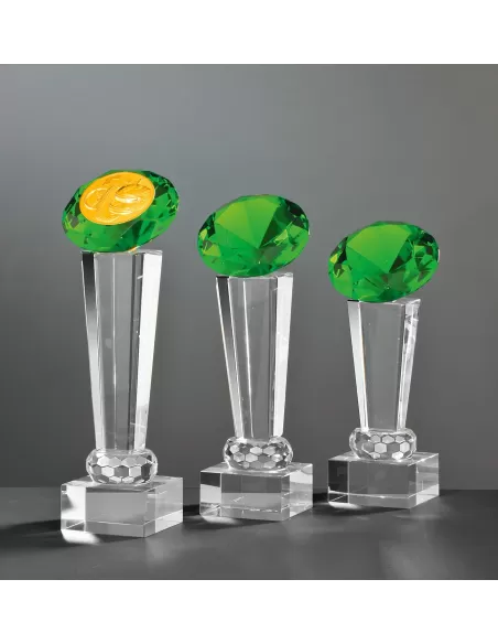 Crystal glass trophy with green diamond on top - Prizai.lt